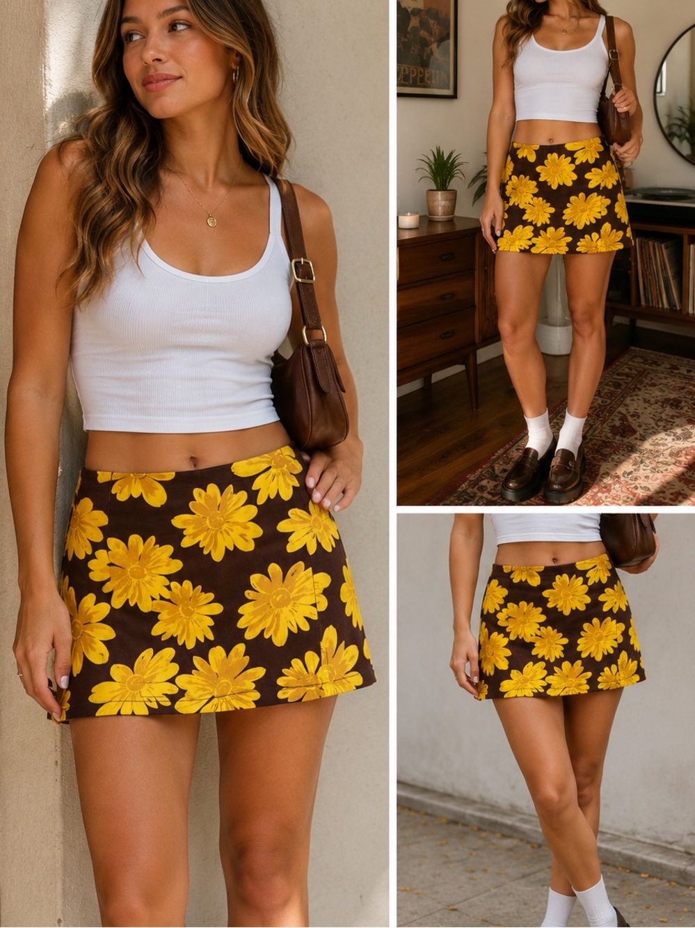 Love On A Hanger Brown Yellow Floral Mini Skirt Y2K 70s Retro Size 5